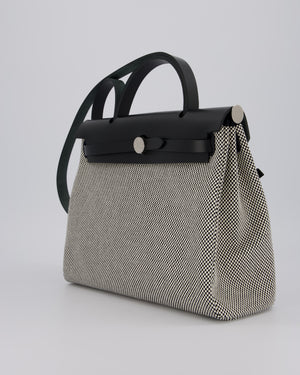 *HOT* Hermès Herbag 31 Zip Bag in Ecru/Noir Criss Viking Canvas, Noir Vache Hunter Leather with Palladium Hardware