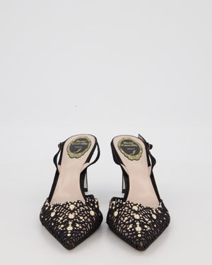 Rene Caovilla Black Lace Patterned Pointed Toe Heels with Pearls & Crystal Embellishments Detail Size EU 40.5