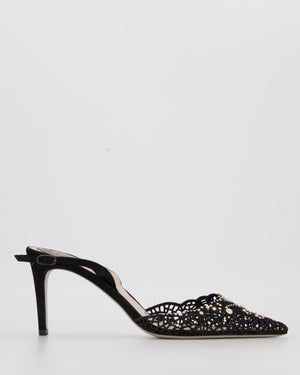 Rene Caovilla Black Lace Patterned Pointed Toe Heels with Pearls & Crystal Embellishments Detail Size EU 40.5
