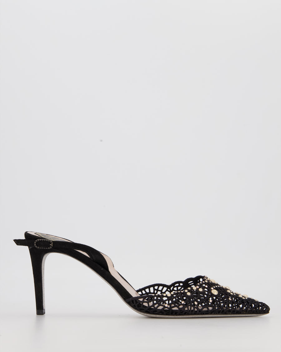 Rene Caovilla Black Lace Patterned Pointed Toe Heels with Pearls & Crystal Embellishments Detail Size EU 40.5