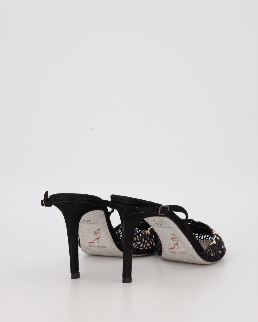 Rene Caovilla Black Lace Patterned Pointed Toe Heels with Pearls & Crystal Embellishments Detail Size EU 40.5