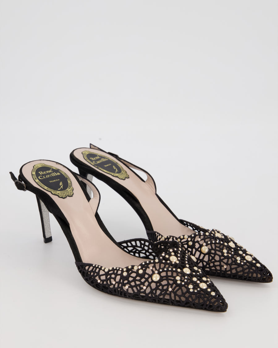 Rene Caovilla Black Lace Patterned Pointed Toe Heels with Pearls & Crystal Embellishments Detail Size EU 40.5