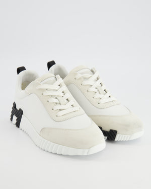 Hermès Bouncing Trainers in White Calfskin and Suede with Black H Logo Detail Size EU 38.5