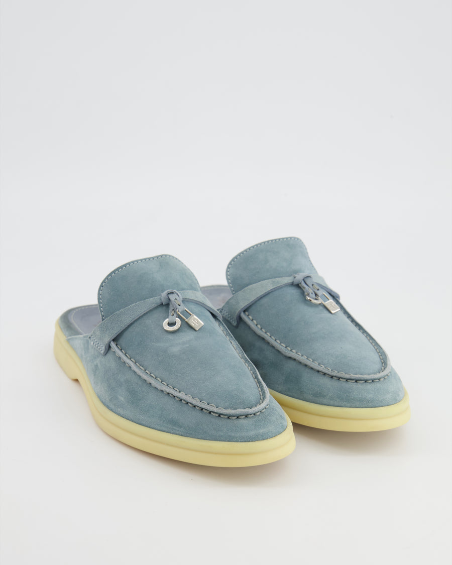 Loro Piana Babouche Charms Walk Mules in Light Blue Suede Size EU 38.5