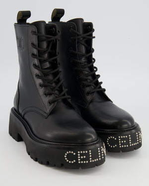 Celine Black Leather Lace-Up Combat Boots with Silver Stud Logo and Embossed Triomphe Logo Detail Size EU 38.5