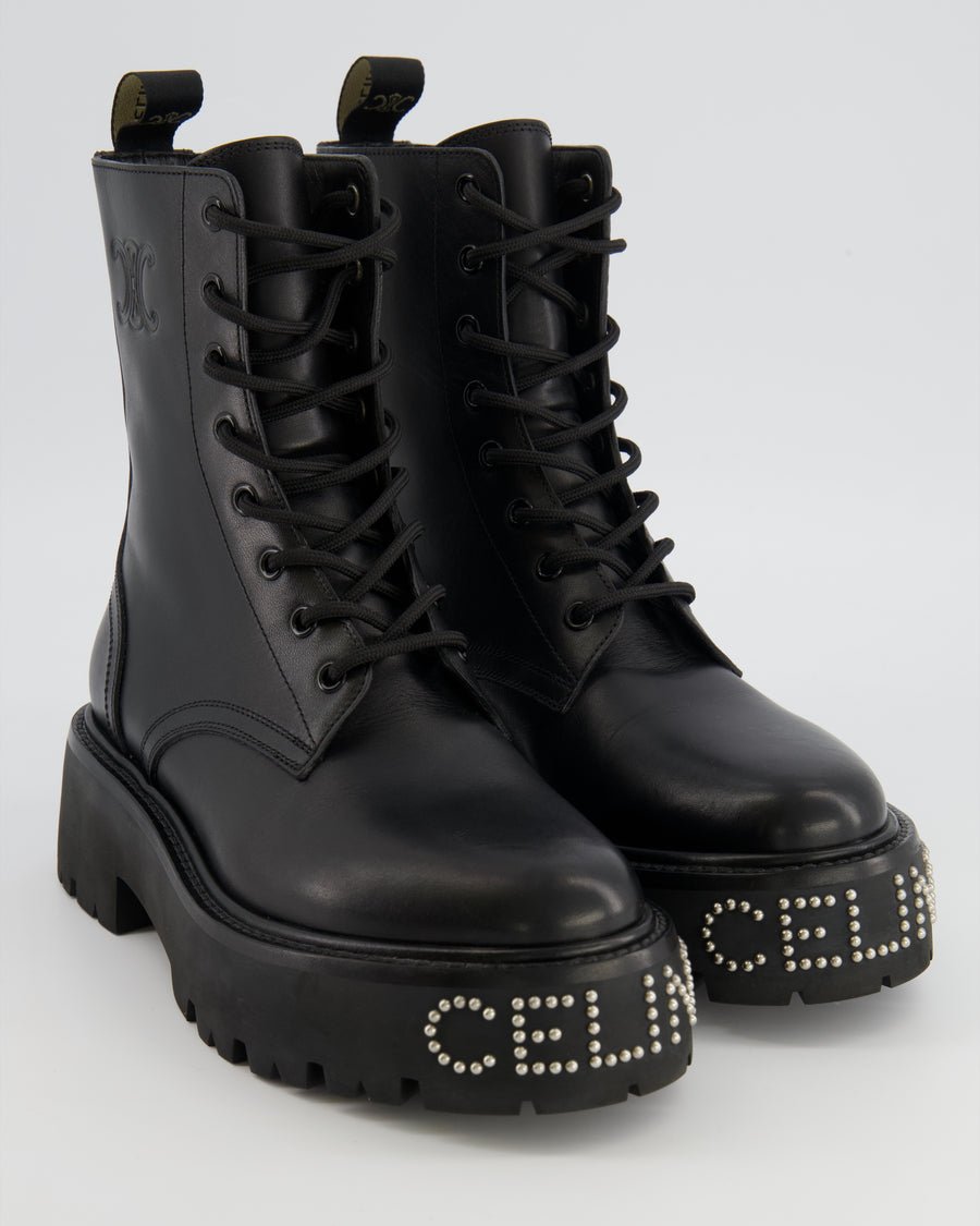 Celine Black Leather Lace-Up Combat Boots with Silver Stud Logo and Embossed Triomphe Logo Detail Size EU 38.5