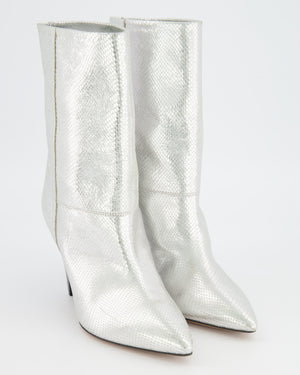 Isabel Marant Silver Metallic Python Embossed Leather Locky Heeled Boots with Black Heel Size EU 38 RRP £800