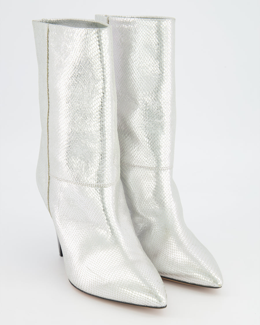 Isabel Marant Silver Metallic Python Embossed Leather Locky Heeled Boots with Black Heel Size EU 38 RRP £800