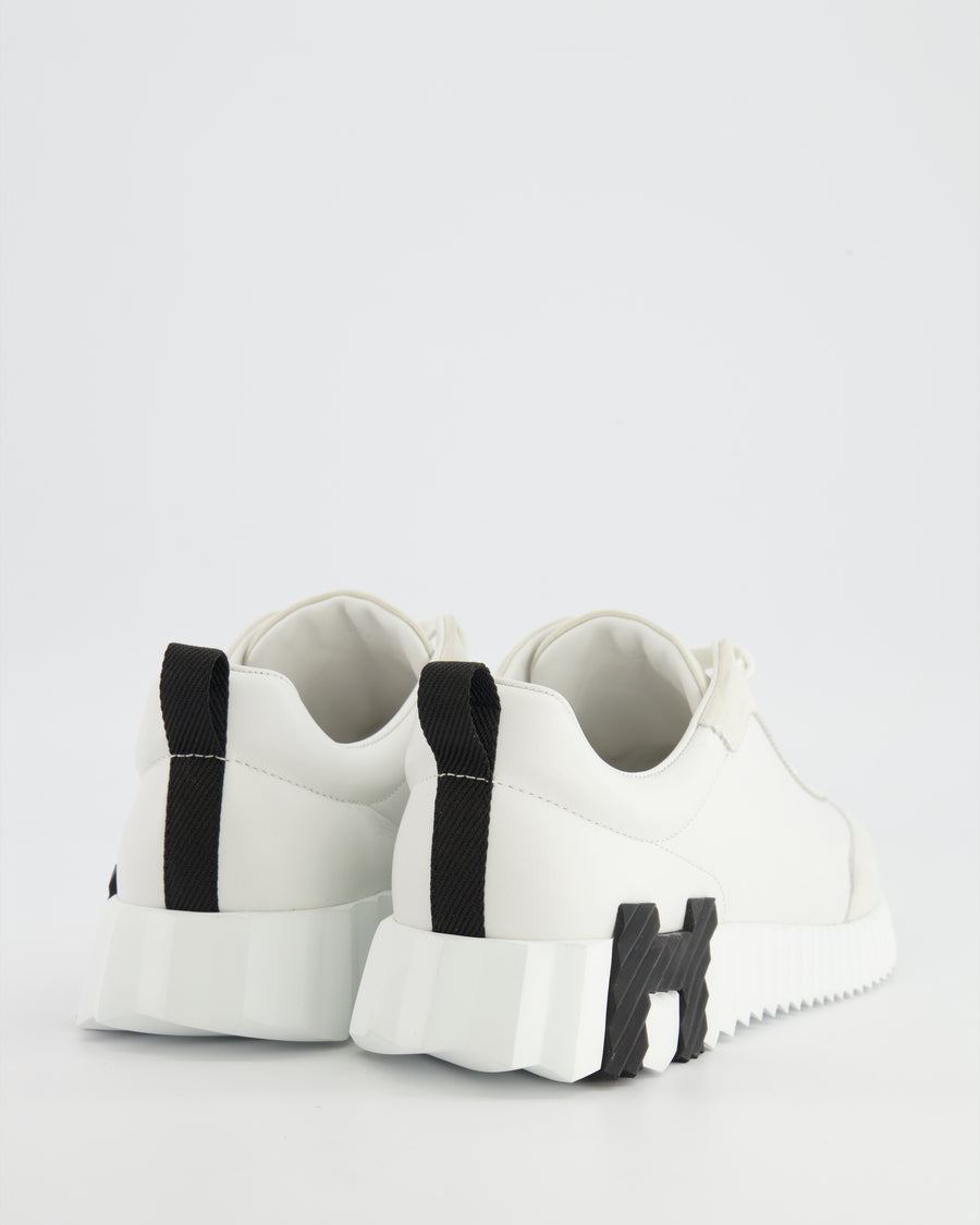 Hermès Bouncing Trainers in White Calfskin and Suede with Black H Logo Detail Size EU 38.5