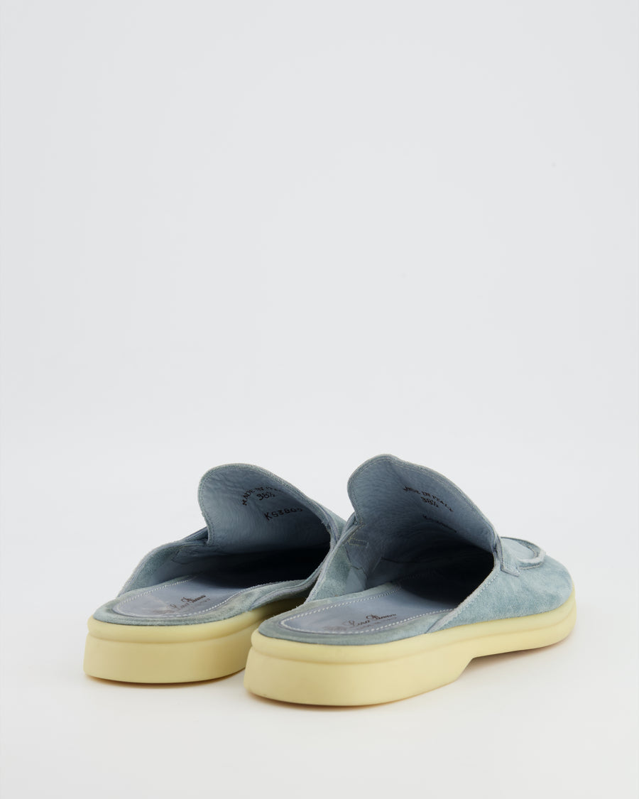 Loro Piana Babouche Charms Walk Mules in Light Blue Suede Size EU 38.5