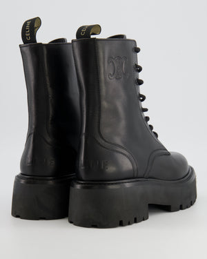 Celine Black Leather Lace-Up Combat Boots with Silver Stud Logo and Embossed Triomphe Logo Detail Size EU 38.5