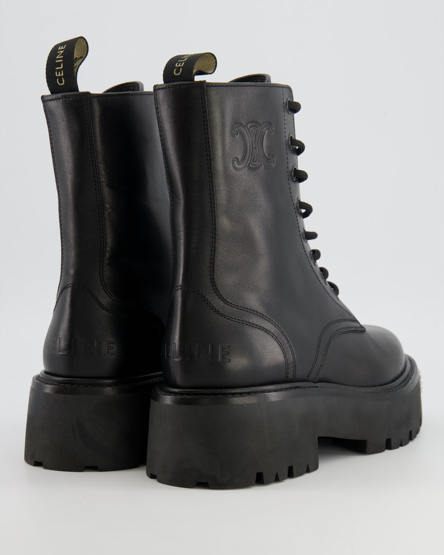 Celine Black Leather Lace-Up Combat Boots with Silver Stud Logo and Embossed Triomphe Logo Detail Size EU 38.5