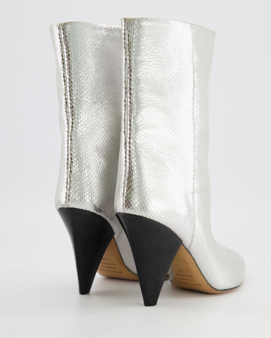 Isabel Marant Silver Metallic Python Embossed Leather Locky Heeled Boots with Black Heel Size EU 38 RRP £800