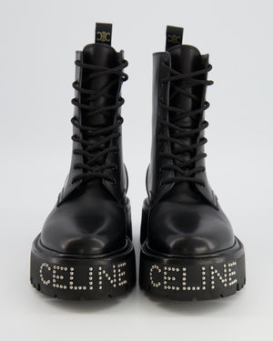 Celine Black Leather Lace-Up Combat Boots with Silver Stud Logo and Embossed Triomphe Logo Detail Size EU 38.5