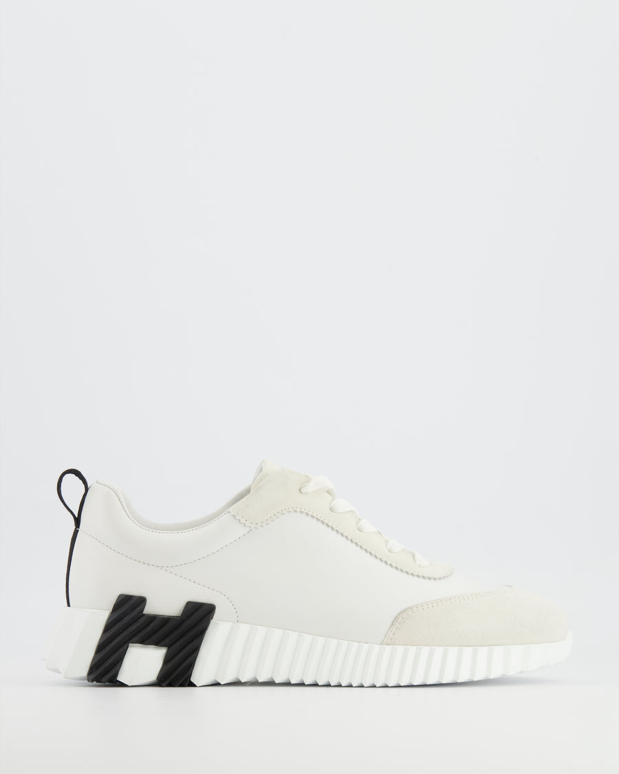 Hermès Bouncing Trainers in White Calfskin and Suede with Black H Logo Detail Size EU 38.5