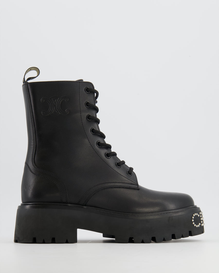 Celine Black Leather Lace-Up Combat Boots with Silver Stud Logo and Embossed Triomphe Logo Detail Size EU 38.5
