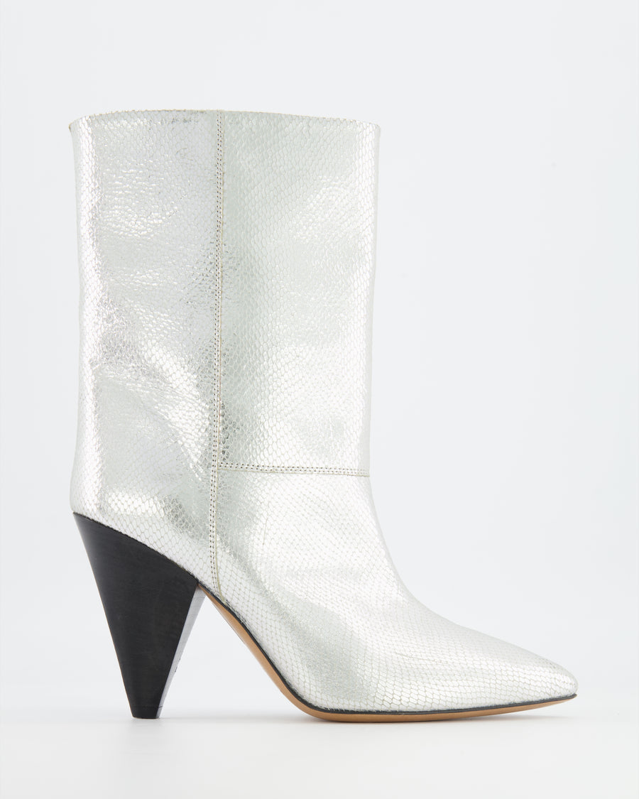 Isabel Marant Silver Metallic Python Embossed Leather Locky Heeled Boots with Black Heel Size EU 38 RRP £800