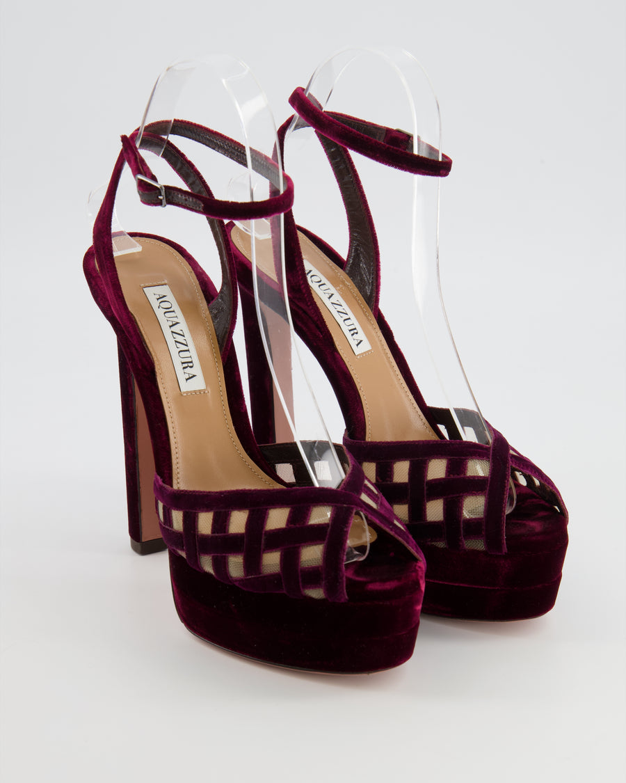 Aquazzura Romance Plateau 130 Heeled Sandals in Wine Red Velvet and Mesh Cage Detail Size EU 37.5 RRP £890