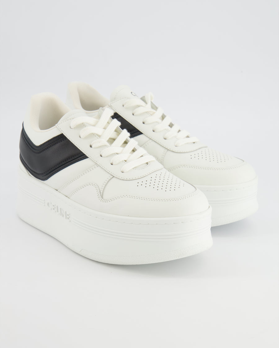 Celine White Calfskin Leather Block Platform Trainers with Black Leather Detail and Logo Size EU 38