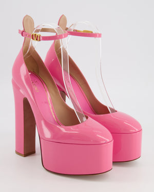 Valentino Tan-Go Platform Pumps in Hot Pink Patent Leather with Gold Logo Detail Size EU 38