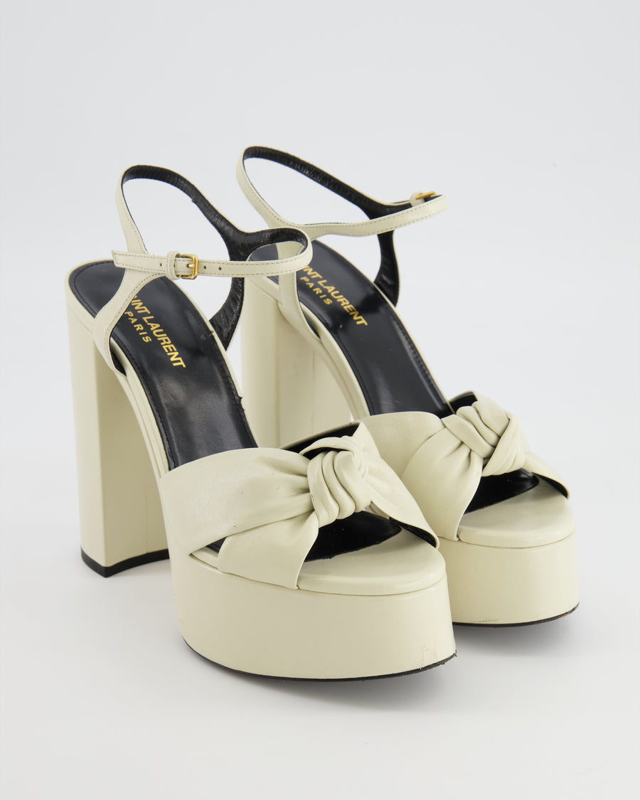 Saint Laurent Bianca 125 Platform Heeled Sandals in Cream Leather with Front Knot Detail Size EU 38 RRP £845