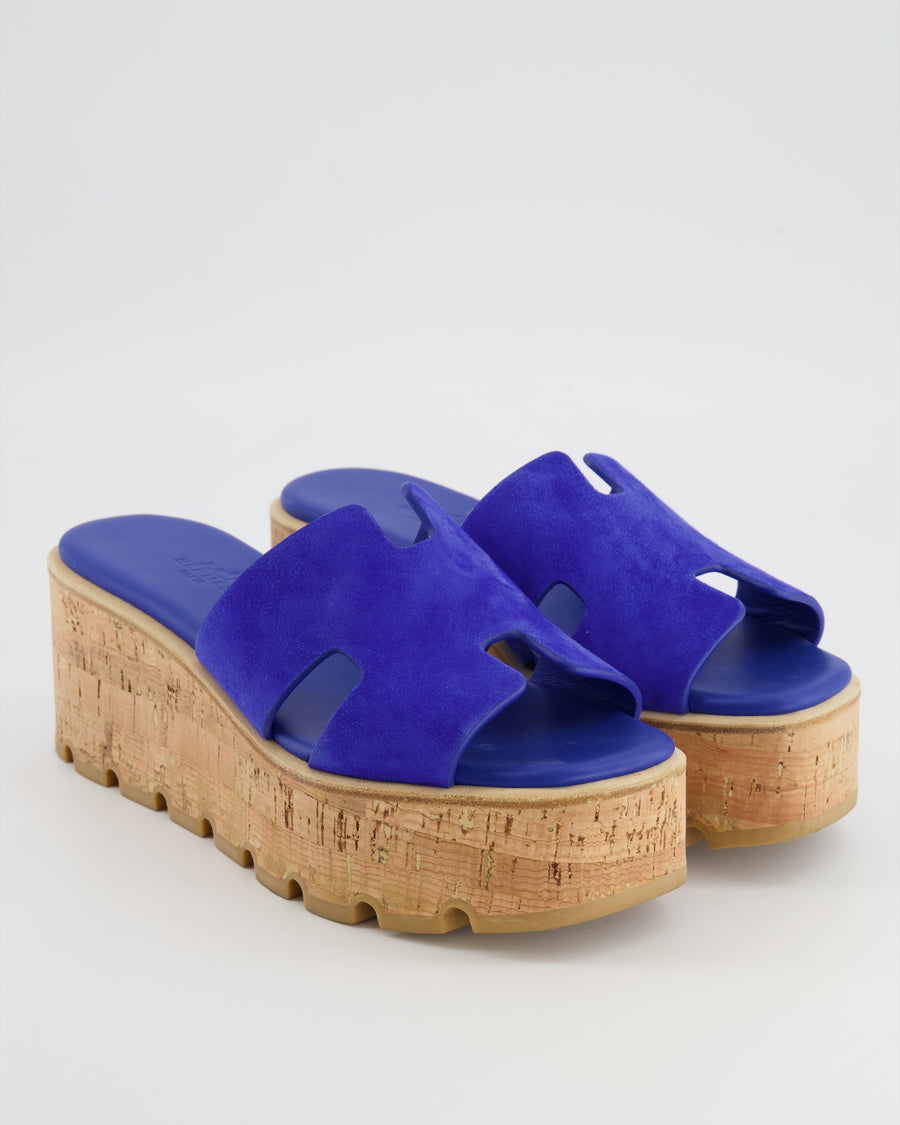 Hermès Electric Blue Cork Eze 30 Platform H Sandals Size EU 37
