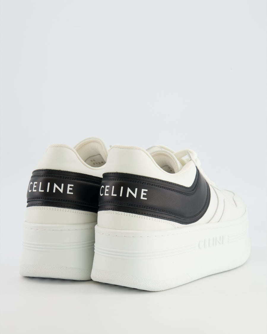 Celine White Calfskin Leather Block Platform Trainers with Black Leather Detail and Logo Size EU 38