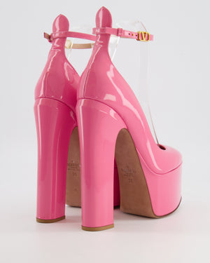 Valentino Tan-Go Platform Pumps in Hot Pink Patent Leather with Gold Logo Detail Size EU 38