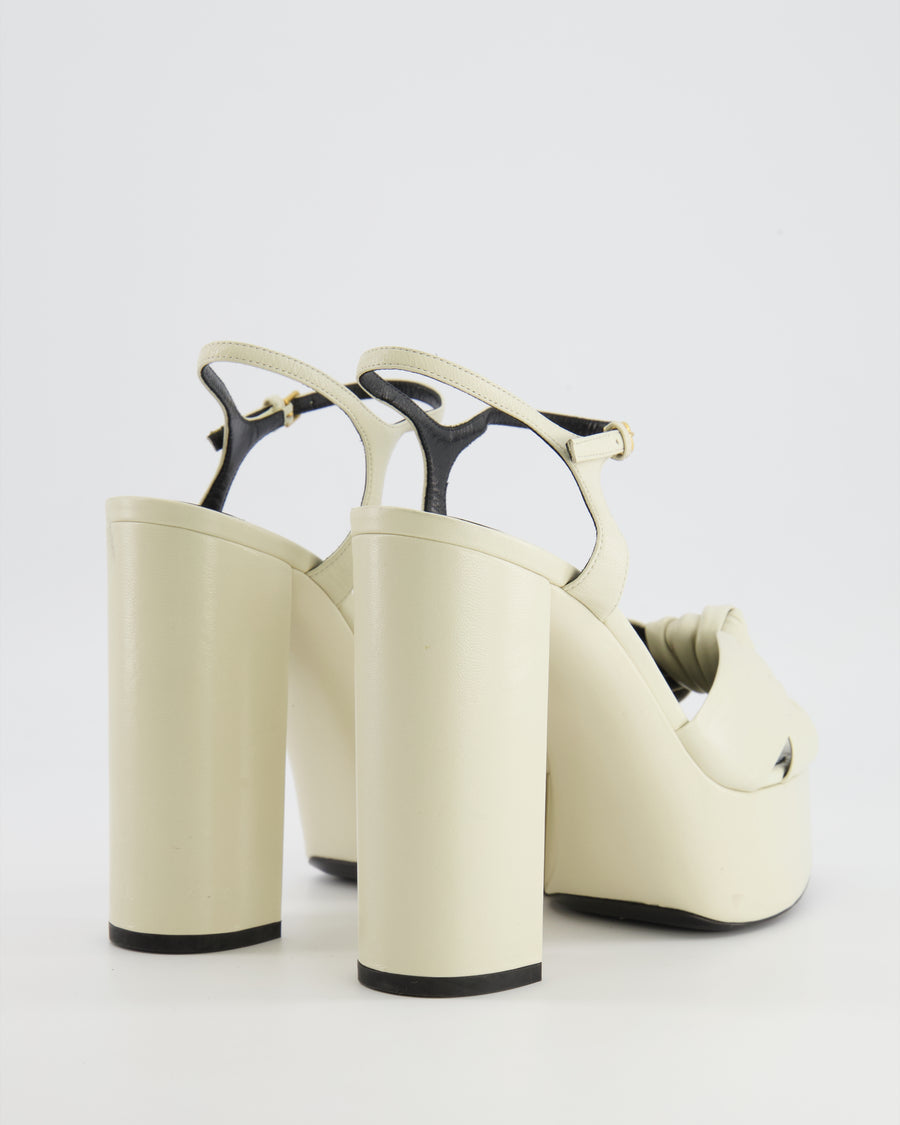 Saint Laurent Bianca 125 Platform Heeled Sandals in Cream Leather with Front Knot Detail Size EU 38 RRP £845