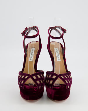 Aquazzura Romance Plateau 130 Heeled Sandals in Wine Red Velvet and Mesh Cage Detail Size EU 37.5 RRP £890