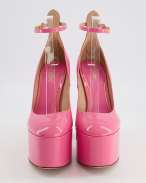 Valentino Tan-Go Platform Pumps in Hot Pink Patent Leather with Gold Logo Detail Size EU 38