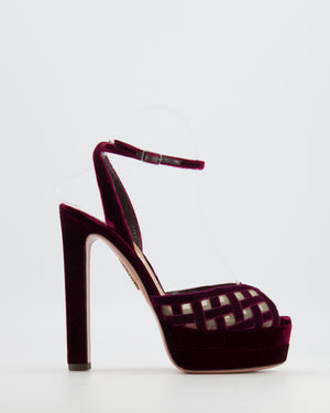 Aquazzura Romance Plateau 130 Heeled Sandals in Wine Red Velvet and Mesh Cage Detail Size EU 37.5 RRP £890