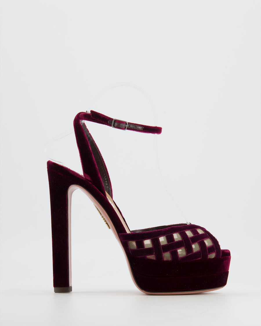 Aquazzura Romance Plateau 130 Heeled Sandals in Wine Red Velvet and Mesh Cage Detail Size EU 37.5 RRP £890