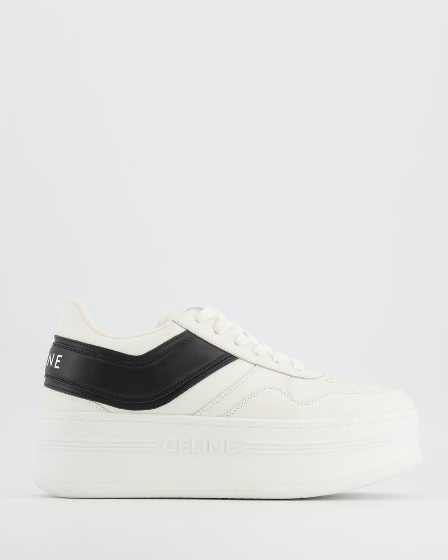Celine White Calfskin Leather Block Platform Trainers with Black Leather Detail and Logo Size EU 38