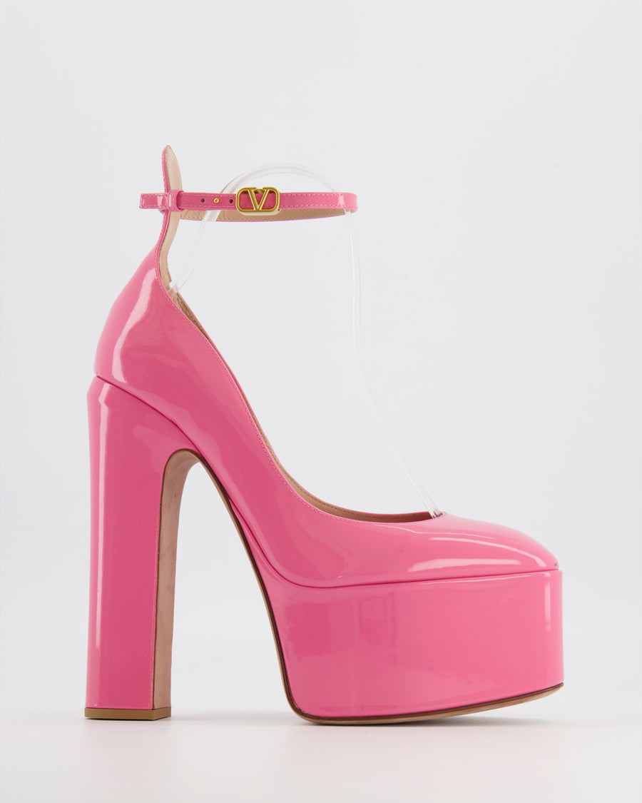Valentino Tan-Go Platform Pumps in Hot Pink Patent Leather with Gold Logo Detail Size EU 38 RRP £985