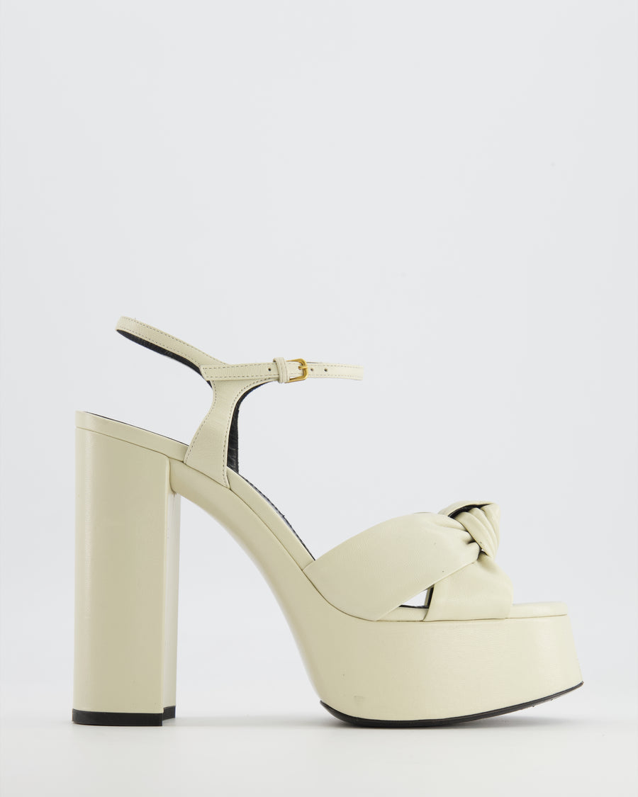 Saint Laurent Bianca 125 Platform Heeled Sandals in Cream Leather with Front Knot Detail Size EU 38 RRP £845