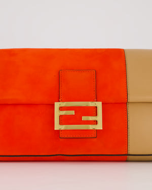 Fendi Fiery Orange and Beige Baguette 1997 Suede and Leather Contrasting Shoulder Bag with Gold Hardware