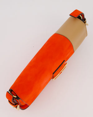 Fendi Fiery Orange and Beige Baguette 1997 Suede and Leather Contrasting Shoulder Bag with Gold Hardware