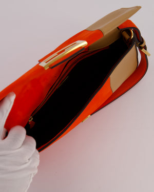 Fendi Fiery Orange and Beige Baguette 1997 Suede and Leather Contrasting Shoulder Bag with Gold Hardware