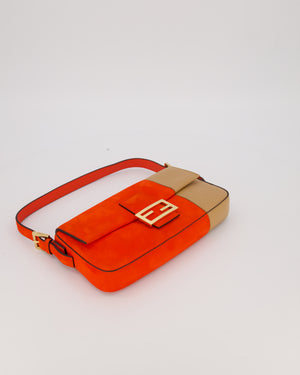 Fendi Fiery Orange and Beige Baguette 1997 Suede and Leather Contrasting Shoulder Bag with Gold Hardware