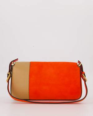 Fendi Fiery Orange and Beige Baguette 1997 Suede and Leather Contrasting Shoulder Bag with Gold Hardware