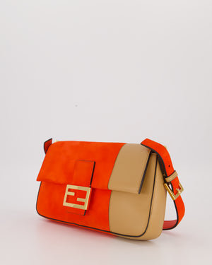 Fendi Fiery Orange and Beige Baguette 1997 Suede and Leather Contrasting Shoulder Bag with Gold Hardware