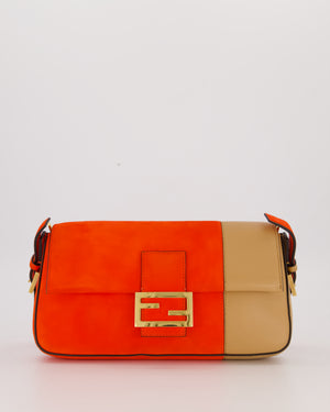 Fendi Fiery Orange and Beige Baguette 1997 Suede and Leather Contrasting Shoulder Bag with Gold Hardware