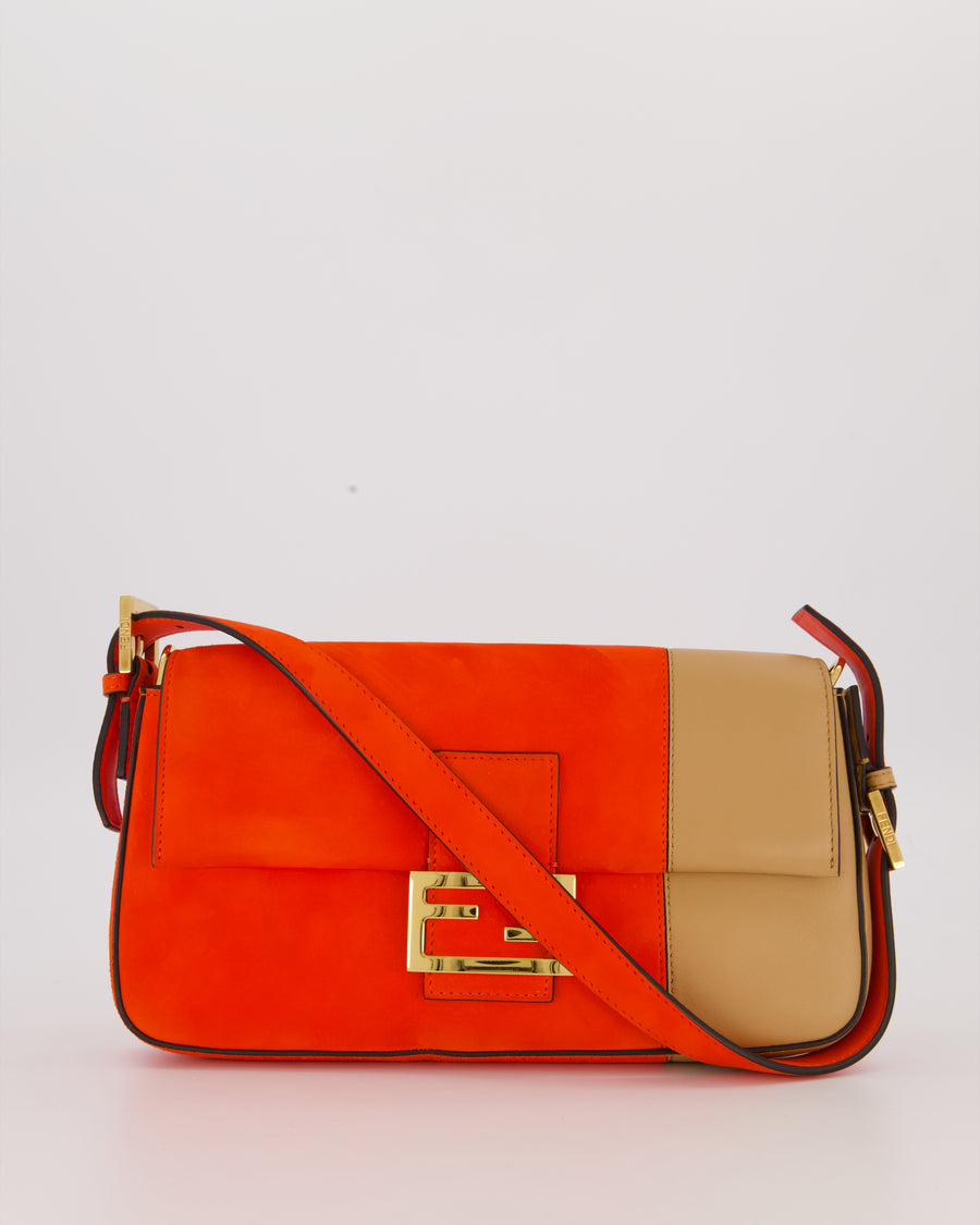 Fendi Fiery Orange and Beige Baguette 1997 Suede and Leather Contrasting Shoulder Bag with Gold Hardware