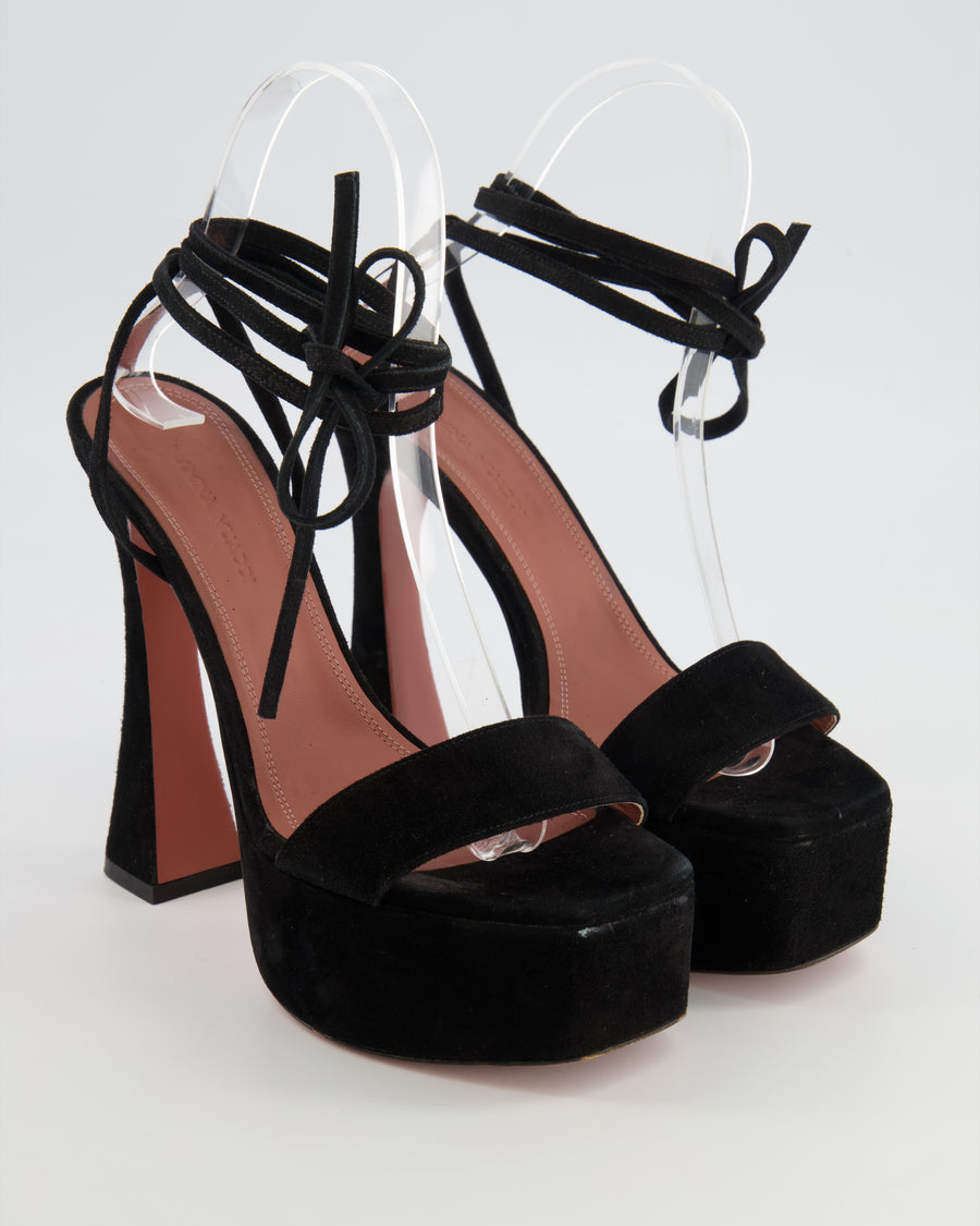 Amina Muaddi Black Suede Ankle Tie Platform Heeled Sandals Size EU 38
