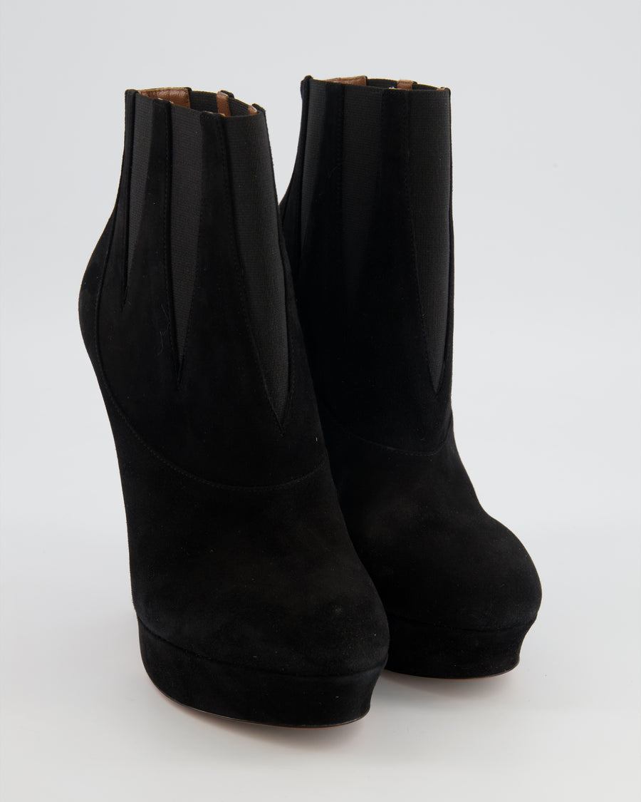 Alaia Black Suede Chelsea Heeled Platform Ankle Boots with Zig-Zag Elastic Side Panels Detail Size EU 38.5