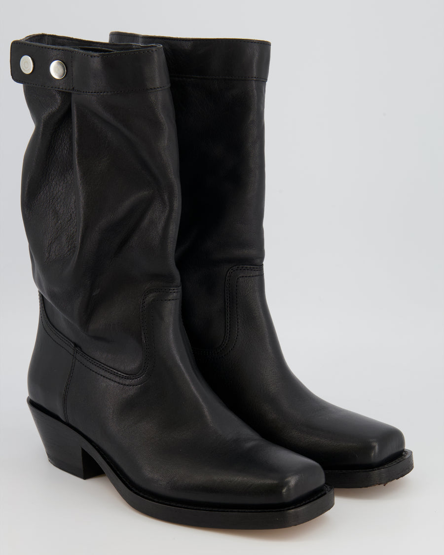 Isabel Marant Ademe Square-Toe Boots in Black Leather with Silver Button Detail Size EU 39