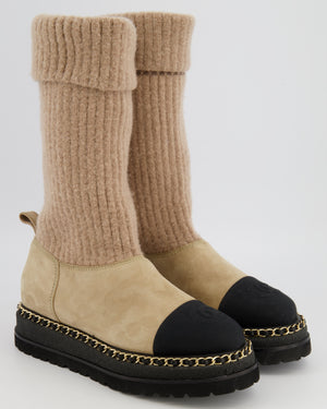 Chanel Beige Suede and Knit Thigh Boots with Black Fabric Front with CC Logo and Gold Chain Detail Along the Sole Size EU 38.5C