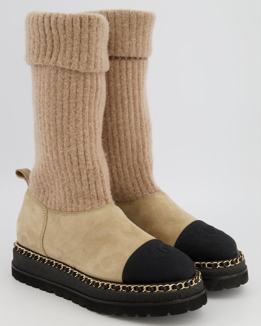 Chanel Beige Suede and Knit Thigh Boots with Black Fabric Front with CC Logo and Gold Chain Detail Along the Sole Size EU 38.5C
