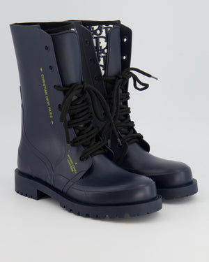 Christian Dior Rubber DiorCamp Combat Boots in Navy Blue with Oblique Motif Lining Size EU 38